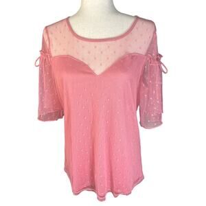 Emma & Olive Swiss Dot Mesh Overlay Top Sweetheart Neck Bell Sleeve Pink size XL